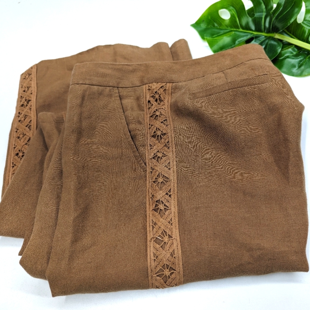 Rebecca Taylor Linen Pants with Crochet Side Stripes